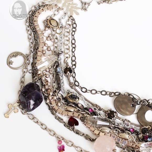 Chunky Necklace Multi-chain Quartz Crystals Charms Upcycled Artisan OOAK - Picture 5 of 9